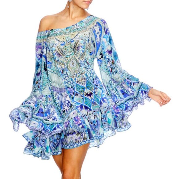 Camilla Vibrant Blue and Purple Off-Shoulder Mini Dress - Picture 1 of 14